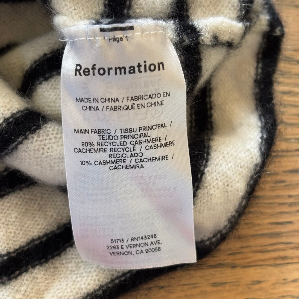 Reformation Cashmere Striped Sweater Small Cream Black Crewneck Long Sleeve - Picture 6 of 8